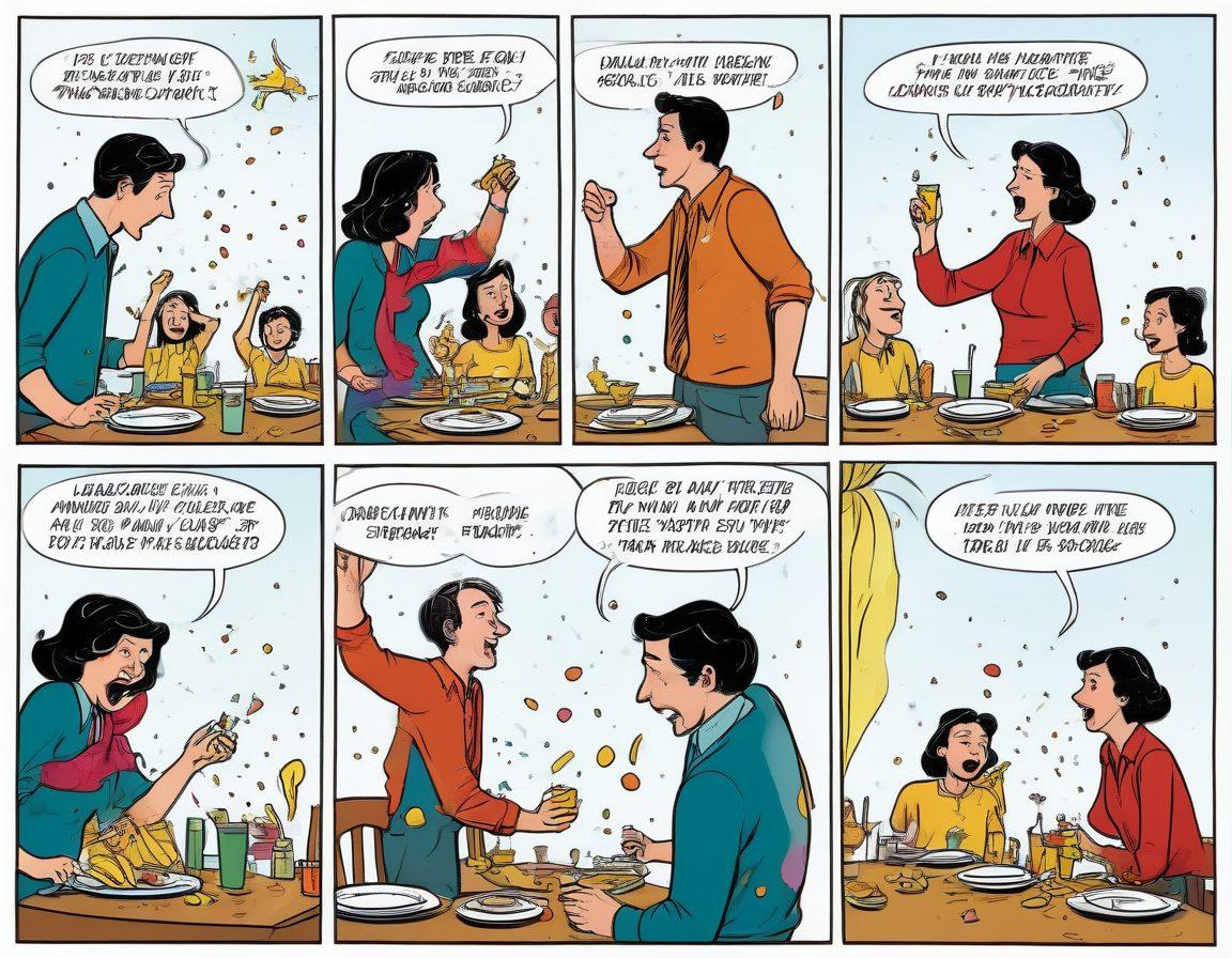 A whimsical comic strip showcasing various humorous adult situations: a man juggling embarrassing moments at a family dinner, a woman slipping on a banana peel while holding a drink, and a group of friends laughing uncontrollably at a party mishap. Each scene vibrantly illustrated to capture the essence of comedy and life’s unpredictability. cartoon style. bright colors. playful layout.