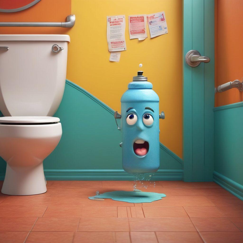 A whimsical scene featuring a cartoon-style character comically struggling with an oversized water bottle in a public restroom, surrounded by amusing signs and humorous messages about urination. Include playful expressions on the character’s face and a bright, colorful background to emphasize the lighthearted theme. Incorporate elements like toilet paper rolls and whoopee cushions for added humor. cartoonish style. vibrant colors. playful atmosphere.